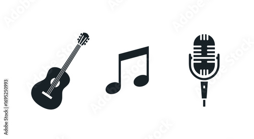 Illustration showing a guitar, a musical note, and a microphone in black on a white background scene