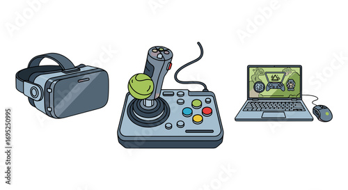 Illustration of a vr headset, joystick with tennis ball, laptop, and mouse on a white background