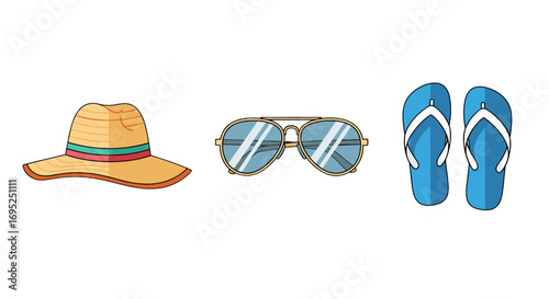 Illustration of a straw hat, aviator sunglasses, and a pair of blue flip flops on a white background