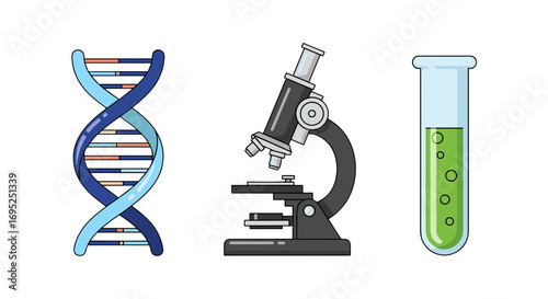 Illustration of a dna strand microscope and test tube with green liquid for scientific research