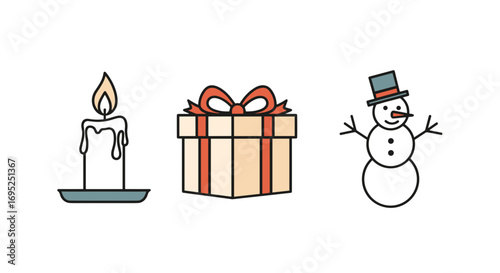 Illustration showing a candle, a gift box with a bow, and a snowman with a hat in a festive scene
