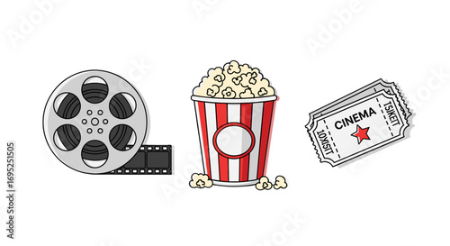 Illustration of a movie reel, popcorn bucket, and cinema tickets on a white background design art