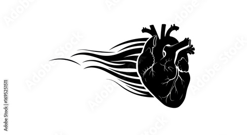 Anatomical heart symbol with dynamic flowing lines conveying energy and movement