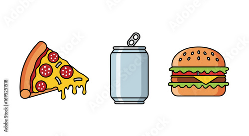 Illustration of a pizza slice, soda can and a burger arranged side by side on a white background