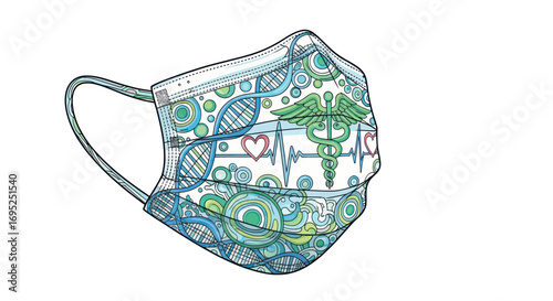 Artistic rendering of a face mask decorated with medical and scientific imagery