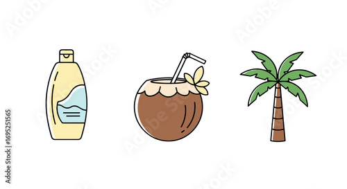 Illustration of sunscreen bottle, coconut drink with straw, and a palm tree on white background
