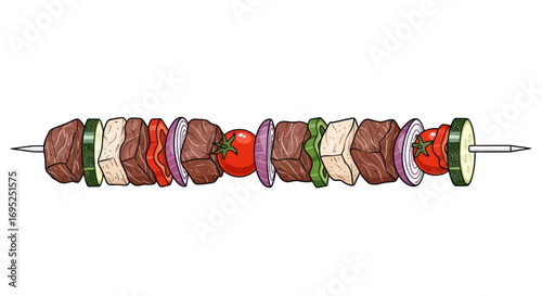Colorful and tempting meat skewer with fresh vegetables isolated on white background