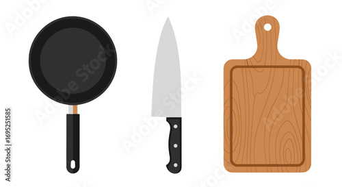 Illustration of a frying pan a chef's knife and a wooden cutting board kitchen utensils for cooking food