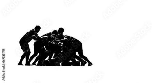 Dynamic silhouette of rugby players engaged in a powerful scrum showcasing teamwork and strength