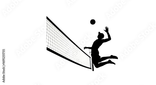 Dynamic volleyball player silhouette in mid-air action against a pristine white backdrop