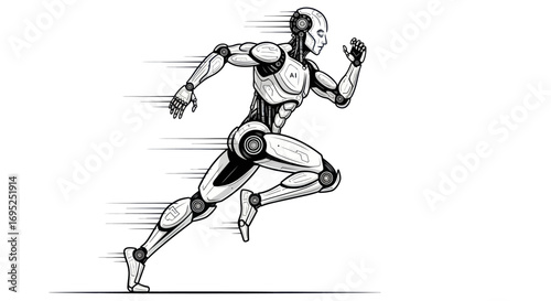 Futuristic speed concept: A monochromatic humanoid robot sprinting with motion blur lines