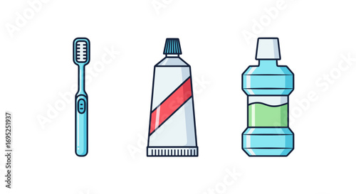 A set of oral hygiene products including a toothbrush toothpaste and mouthwash in a simple illustration