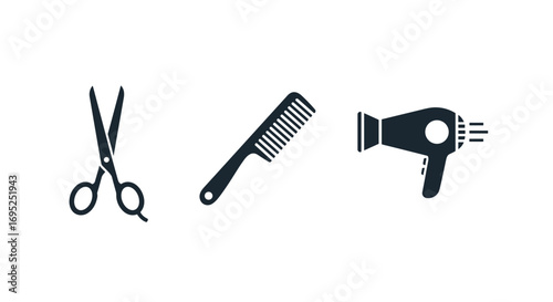 Illustration of hairdressing tools including scissors comb and hair dryer on a white background view
