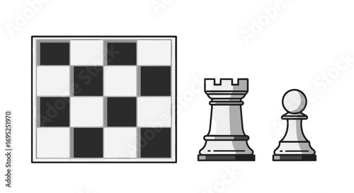 Chessboard with alternating black and white squares accompanied by a rook and pawn chess pieces