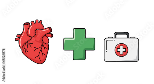Illustration showing a heart plus a green cross and a medical kit symbolizing cardiac care and treatment