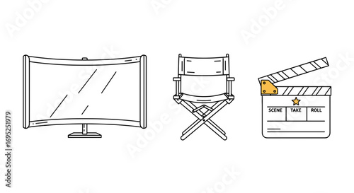 Illustration of a movie screen, director's chair, and clapperboard in a simple outline style