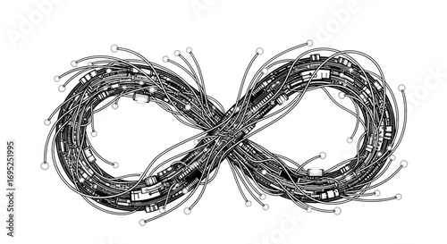 Intricate infinity symbol woven from electronic wires and components abstract design