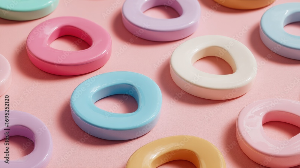 Colorful Plastic Rings Arranged on a Pastel Pink Background Showcasing a Playful and Modern Design Ideal for Games or Fashion Accessories Colorful Plastic Rings Arranged on a Pastel Pink Background Showcasing a Playful and Modern Design Ideal for Games or Fashion Accessories