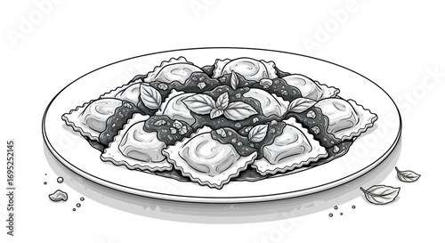 Monochromatic marvel: Hand-drawn illustration of appetizing ravioli with tomato sauce
