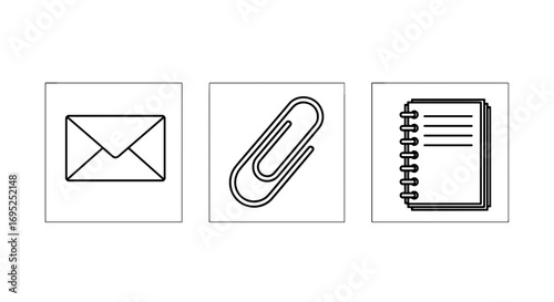 Illustration of a white envelope, a paper clip, and a notebook with a spiral binding in black outline