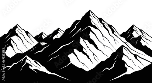 Monochromatic vector artwork featuring a majestic mountain range landscape