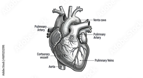 Monochrome anatomical illustration showcasing the intricate details of a human heart vasculature