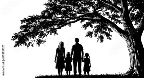 Silhouette family beneath sprawling tree canopy evokes familial bonds and tranquility in