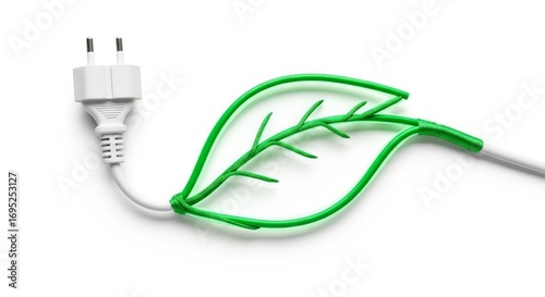 Green energy concept, electric plug forming a vibrant leaf shape on a clean white background