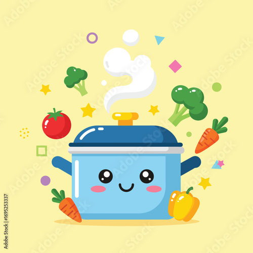 Cute cooking pot character with vegetables, a fun kitchen tool for healthy eating and culinary adventures