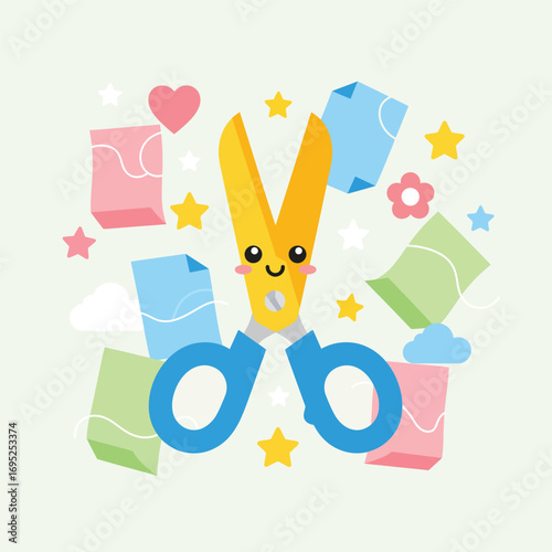 Cute Scissors Character Tool with Flying Paper and Decorations