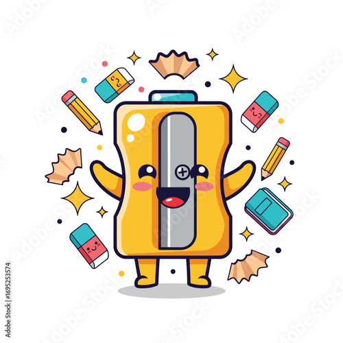A cute and cheerful yellow pencil sharpener tool character happily surrounded by school supplies and bright sparkles, perfect for educational themes and creative projects