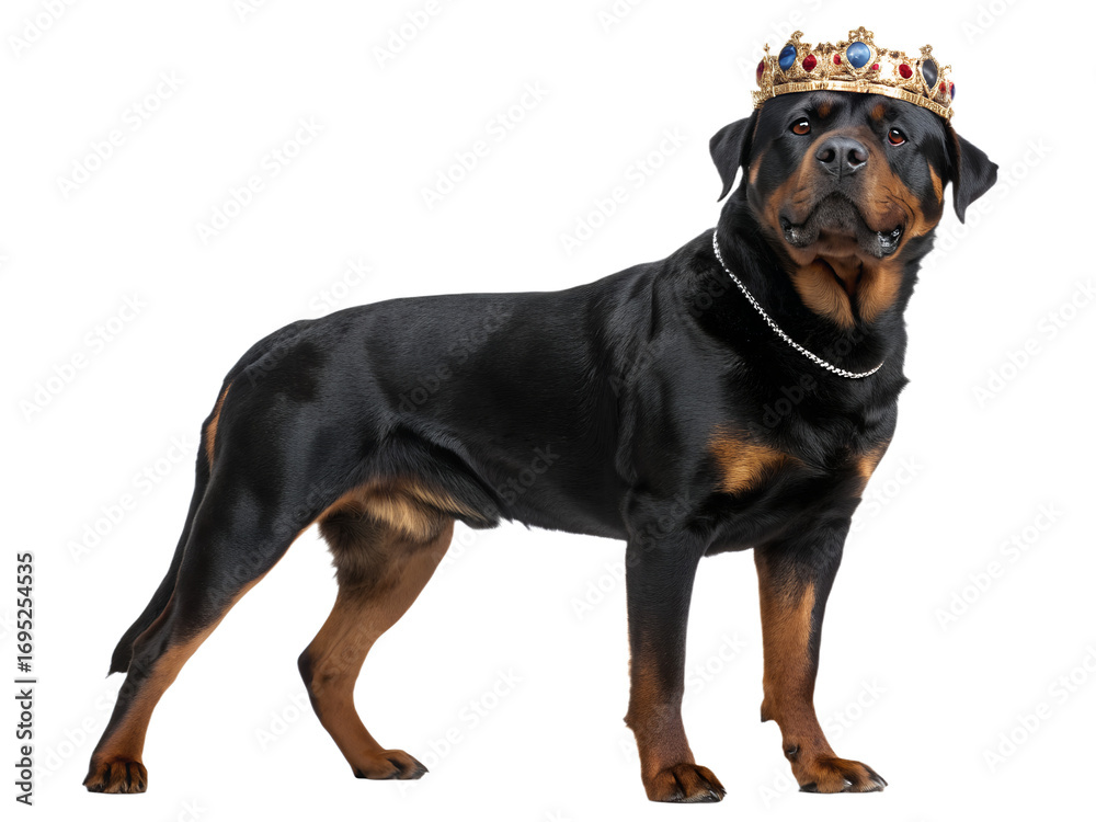 Fototapeta premium Rottweiler with Crown PNG – Powerful Royal Dog, Strong Build, Full Body, Looking into Camera, Transparent Background