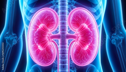 3D medical illustration of human kidneys with detailed structure and blood vessels, highlighted in vibrant colors against a blue anatomical background for educational purposes
