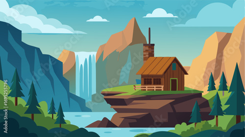 A traditional log cabin nestled a rocky cliffs and cascading waterfalls.
