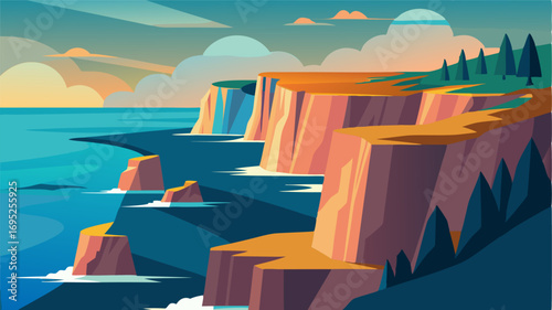 A series of cliffs cascading towards the sea their varying shapes and sizes creating a dramatic and unique landscape.