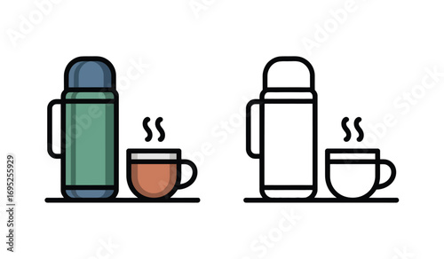 Two different style illustrations of a thermos with a cup of coffee