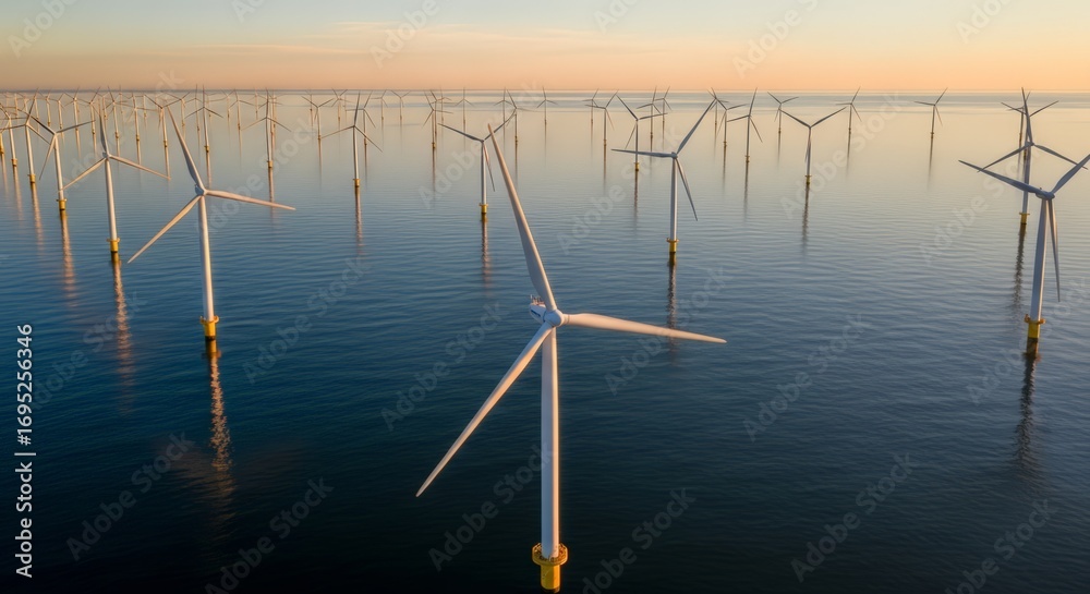 Fototapeta premium Stunning offshore wind farm harnesses clean energy under a serene sunset sky, powering a sustainable future