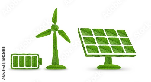 Sustainable energy solutions battery wind turbine solar panel made of vibrant green leaves symbolize clean power
