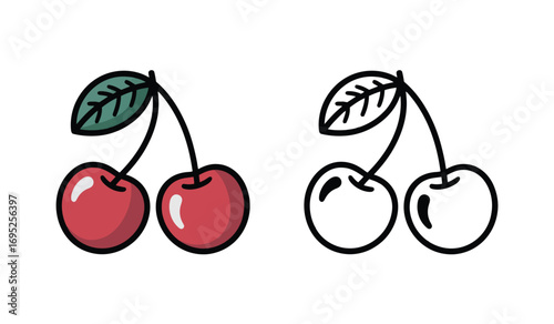 Delicious cherries with leaf illustration in color and black outline