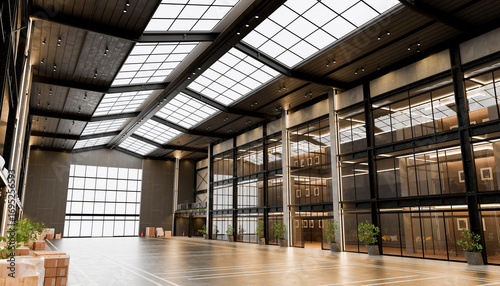 Modern industrial warehouse interior with glass offices and skylights - 3D render