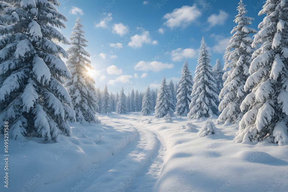 Fototapeta premium Snowy Winter Forest Path with Pine Trees in Scenic Nature Landscape