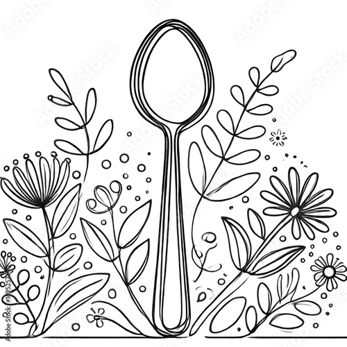 Spoon drawing, one continuous line, isolated on white background