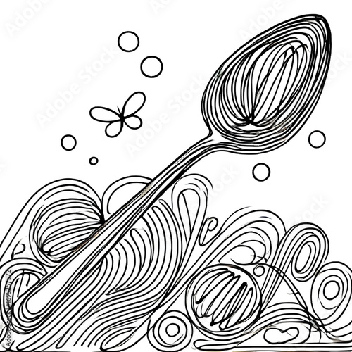 Spoon drawing, one continuous line, isolated on white background
