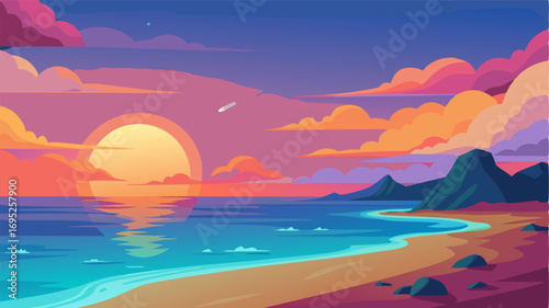 A serene and dreamy beach setting with the sun slowly sinking into the endless ocean painting the sky in a breathtaking display of colors.