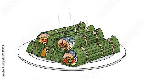 A stack of freshly cooked lemang in vibrant colors, ready to be served