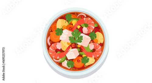 A Vibrant Illustration of Shrimp and Fish Ceviche in a Colorful Bowl