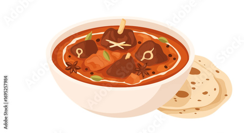 Appetizing mutton curry with spices and roti bread, vector illustration