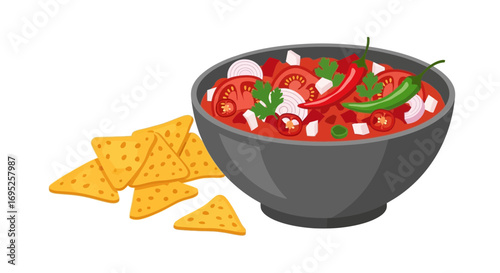 Appetizing homemade tomato salsa vector graphic with nachos illustration