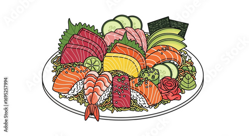 Artistic depiction of a vibrant sushi and sashimi assortment on a plate