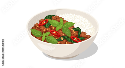 Bowl of delicious thai basil chicken and rice, a savory culinary delight